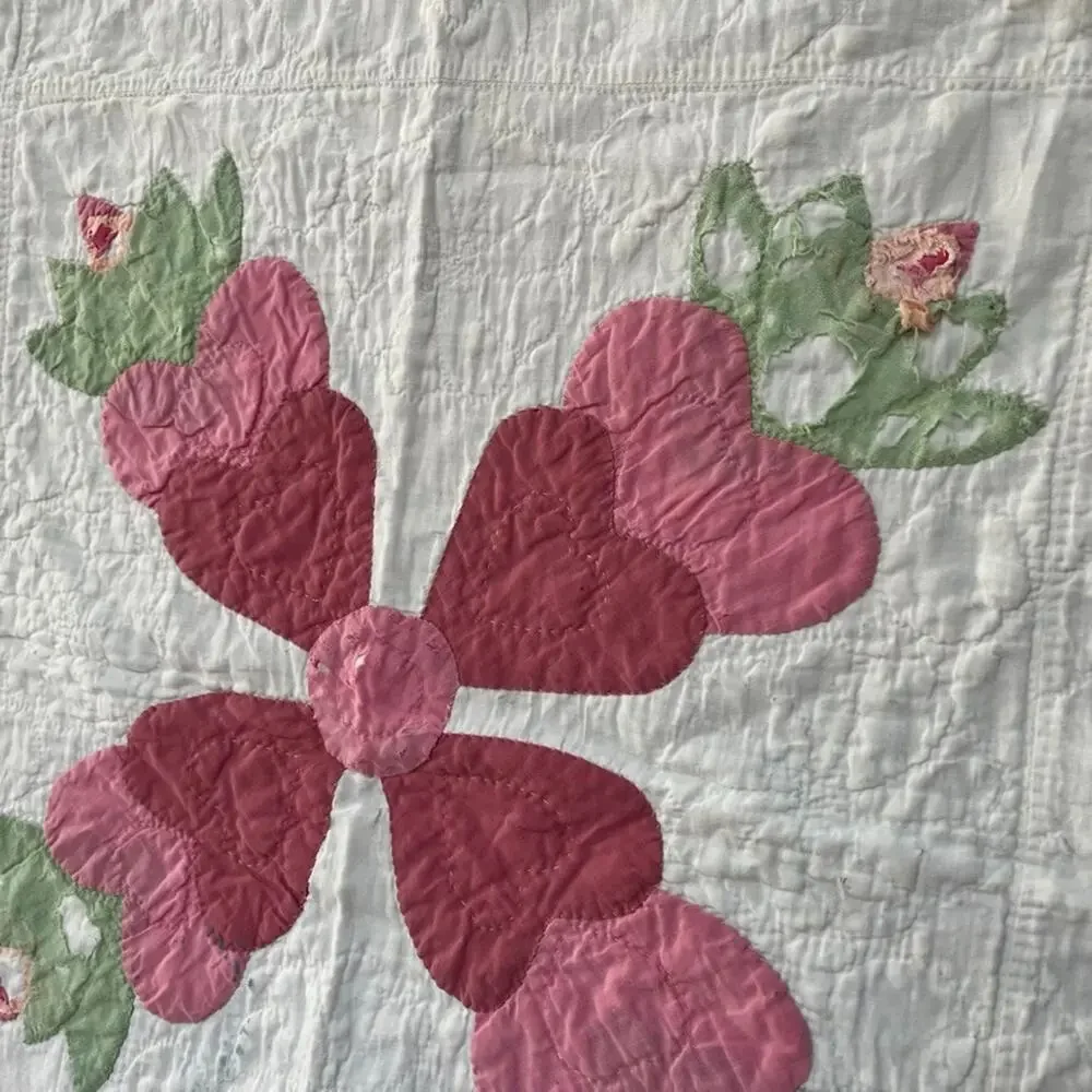 Vintage Handmade Applique Quilt 74 x 85 in Pink Fabric Flowers Green Foliage